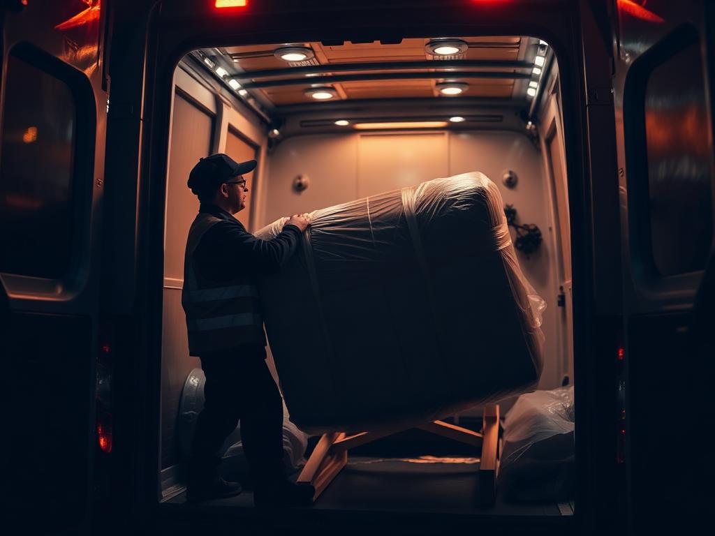 Professional mover loading a shrink-wrapped furniture item into a cargo van