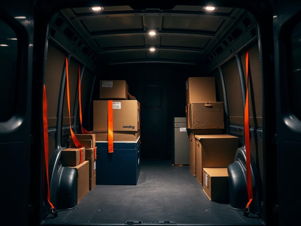 Cargo van interior professionally packed with boxes secured by orange ratchet straps