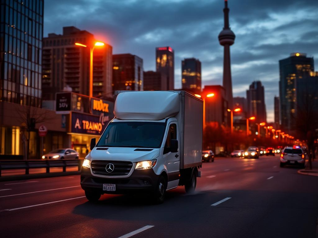 TMW cargo van driving through downtown Toronto at dusk