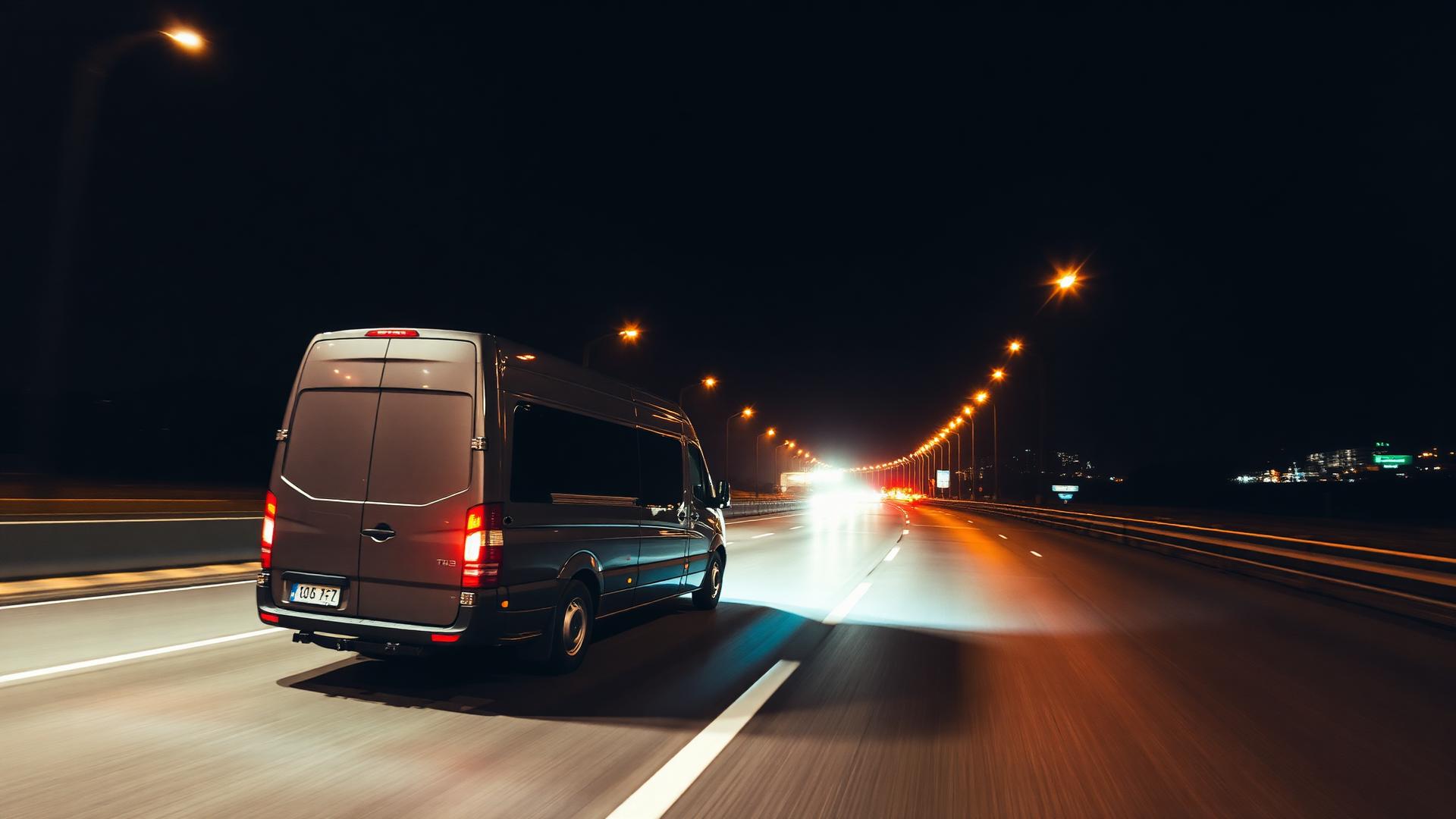 TMW cargo van driving at night on an Ontario highway